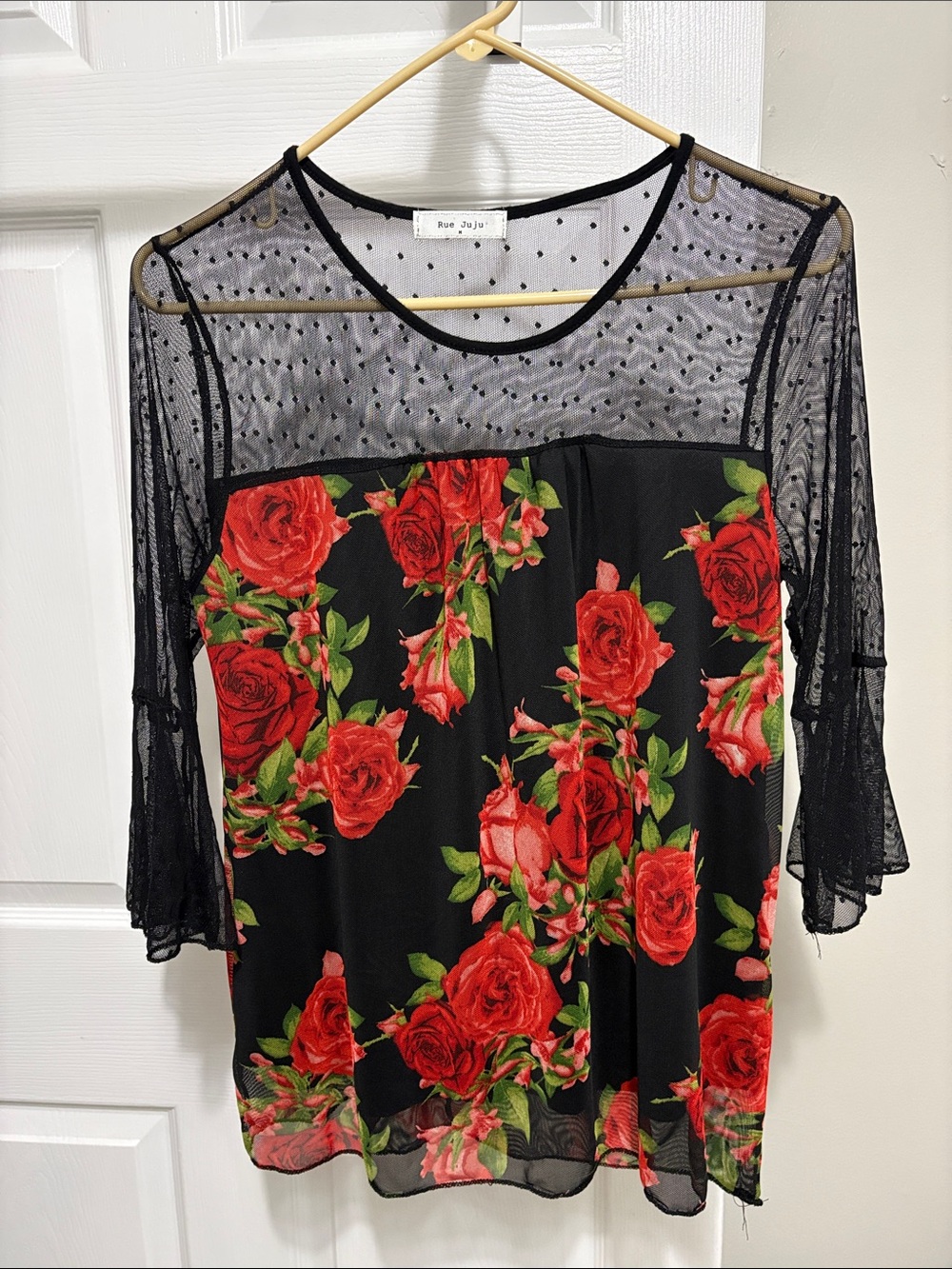 Rue21 Black Top with Red Rose Print and Sheer Mesh Sleeves